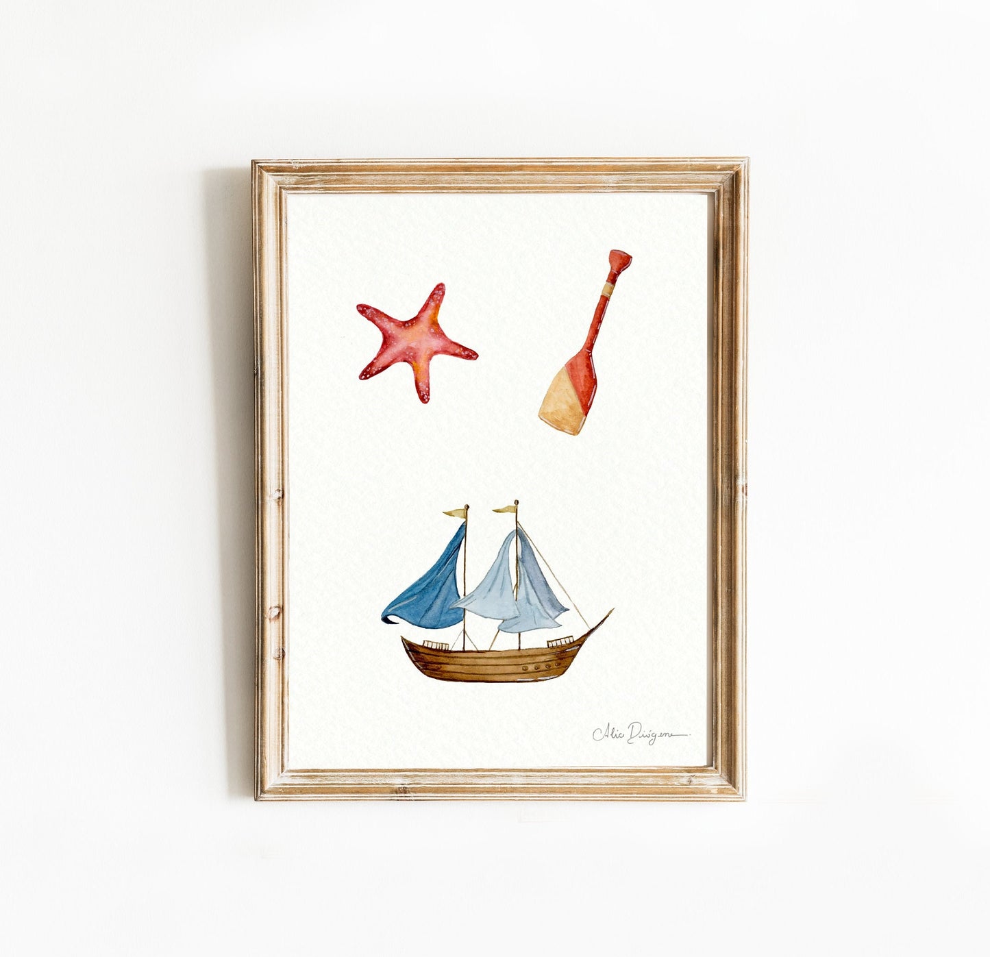 NEW Nautical Watercolour painting - Print | A5 - Starfish, beach shovel and sailing boat (Nautical Collection)