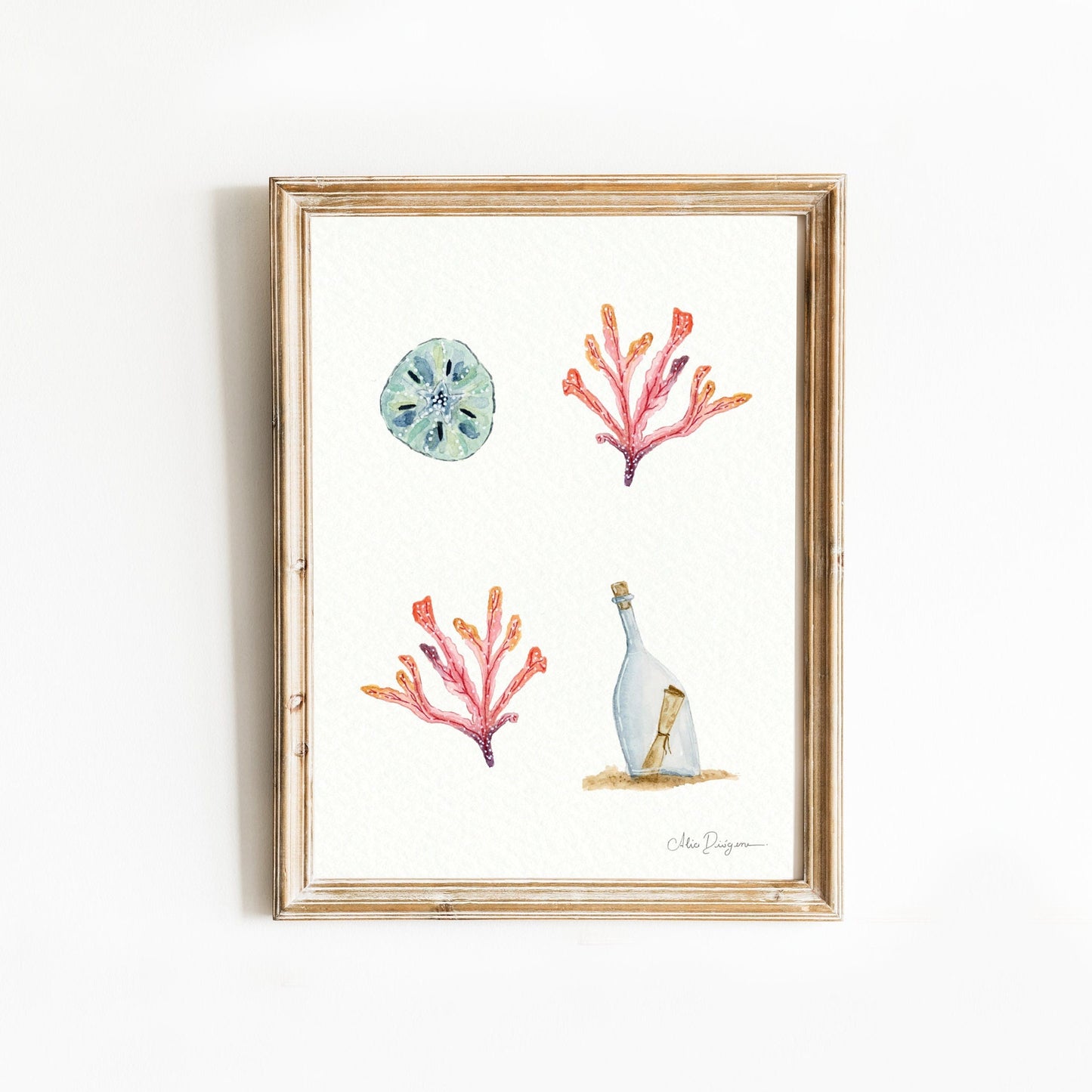 NEW Nautical Watercolour painting - Print | A5 - Round starfish, seaweed and message in the bottle (Nautical Collection)